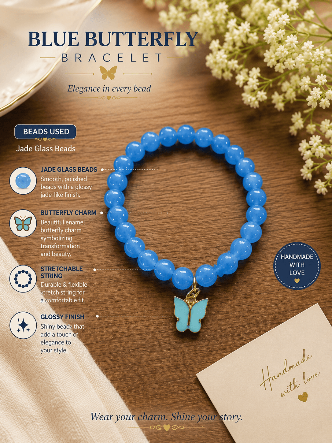 Artisan Blue Jelly Bead & Butterfly Charm Stretch Bracelet | Handmade Jewelry