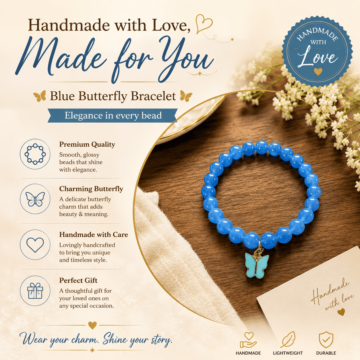 Artisan Blue Jelly Bead & Butterfly Charm Stretch Bracelet | Handmade Jewelry
