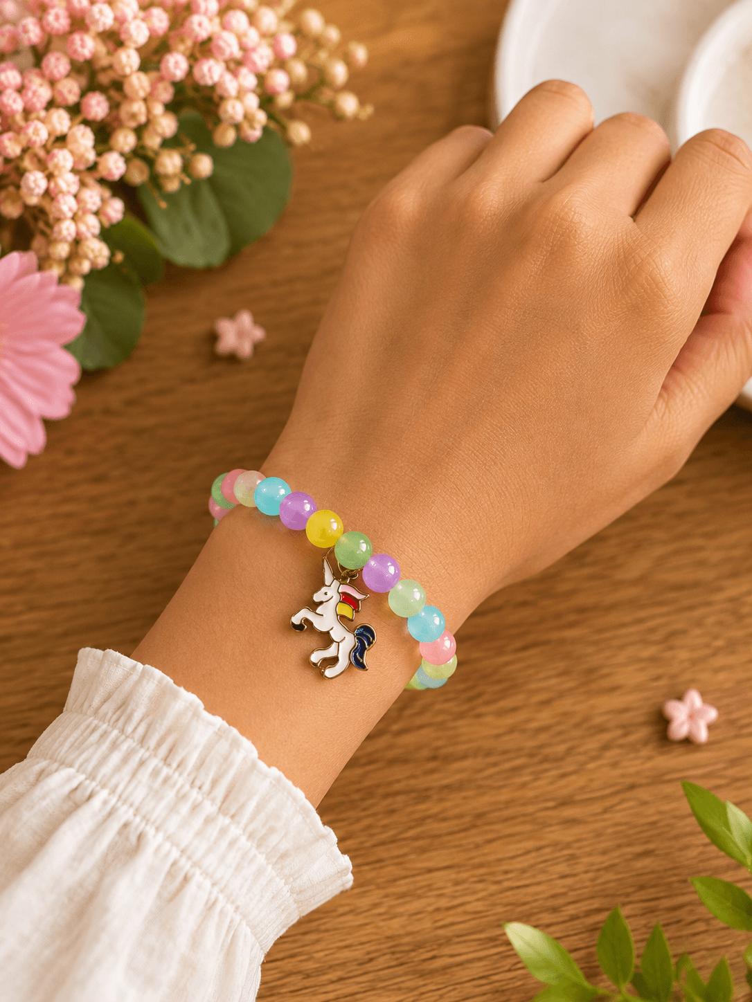 Artisan Pastel Rainbow Jelly Bead & Unicorn Charm Stretch Bracelet | Handmade Jewelry