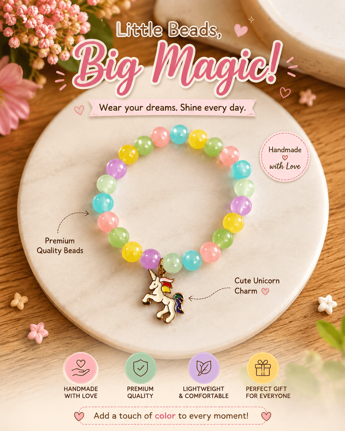 Artisan Pastel Rainbow Jelly Bead & Unicorn Charm Stretch Bracelet | Handmade Jewelry