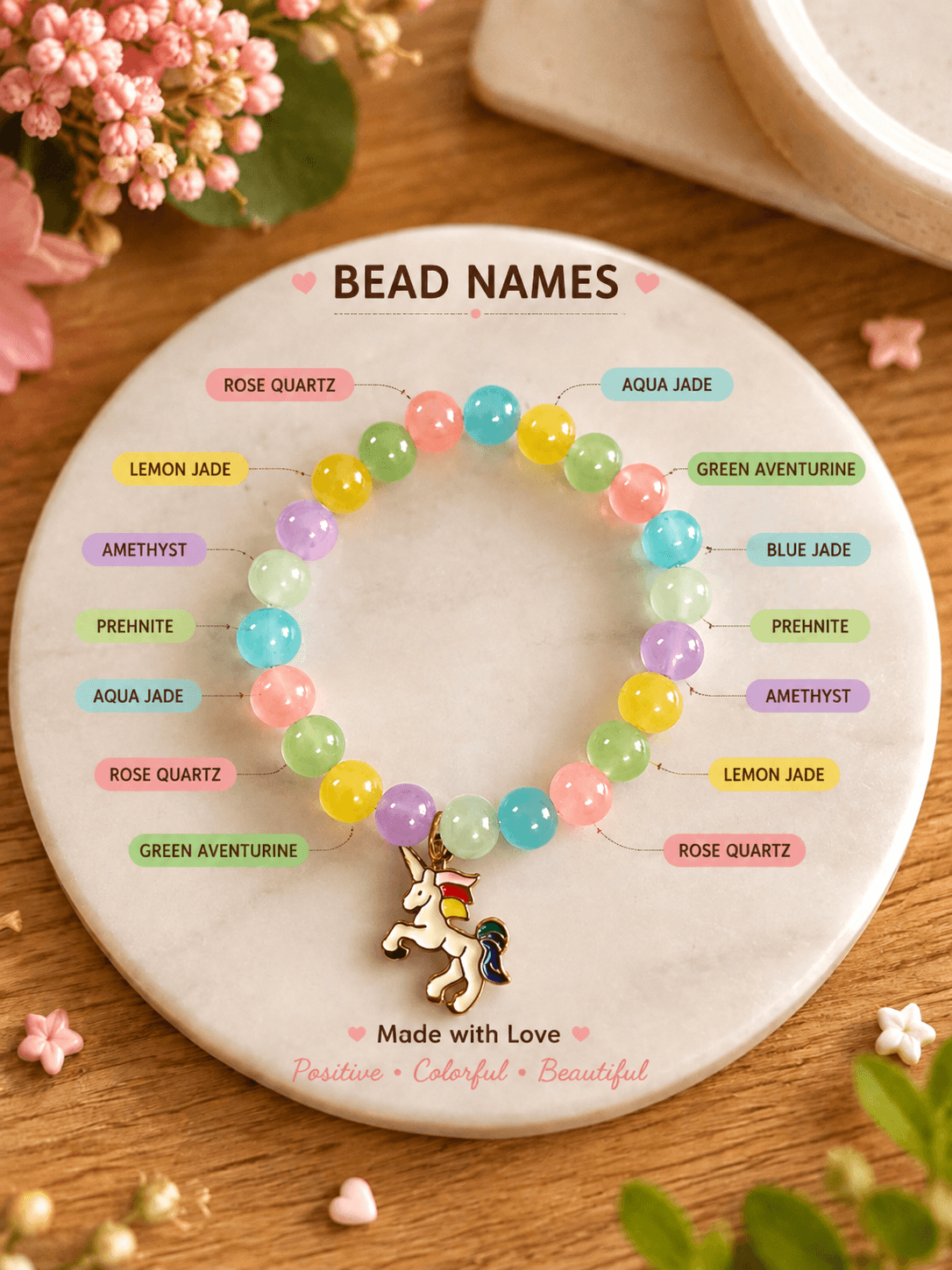 Artisan Pastel Rainbow Jelly Bead & Unicorn Charm Stretch Bracelet | Handmade Jewelry