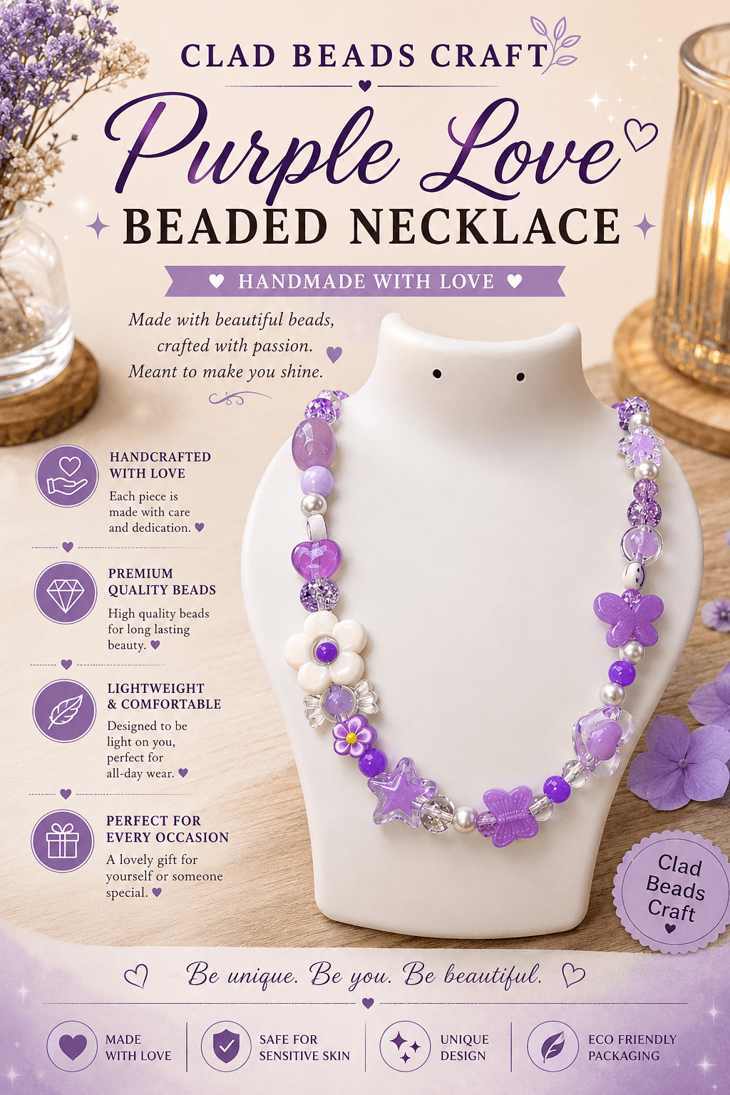 Lavender Beaded Bead Necklace