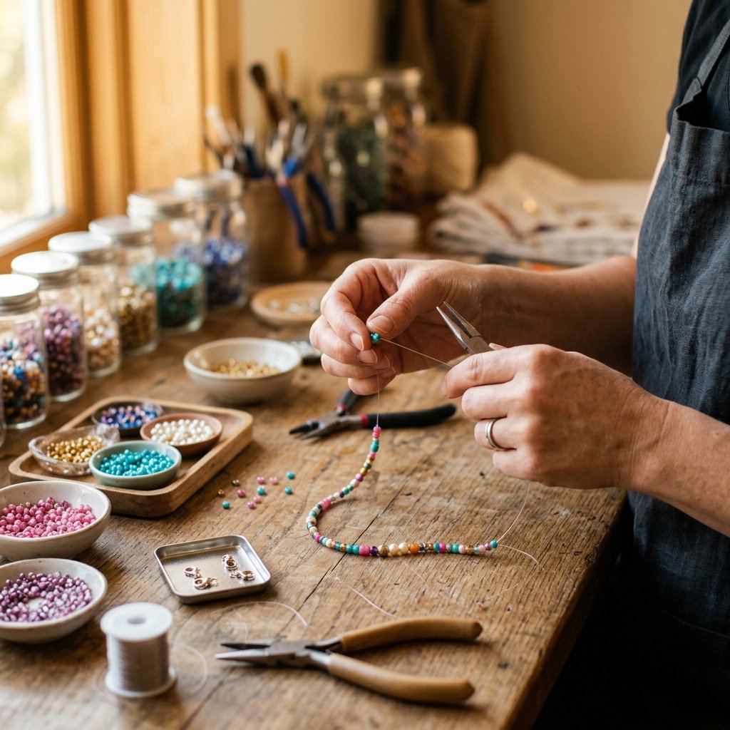 Handcrafting bead jewelry in our workshop